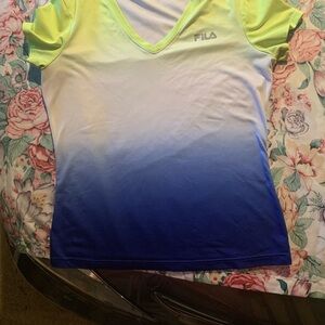 Fila Women's V-Neck Tee - Lime and Blue Ombre Size Large